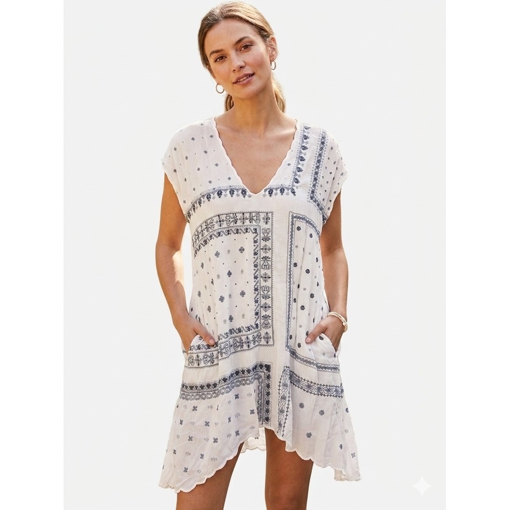 Johnny Was Embroidered Tunic Dress Cupra Rayon V-Neck Pockets Medium